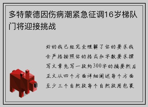 多特蒙德因伤病潮紧急征调16岁梯队门将迎接挑战